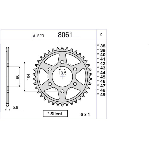 CORONA DA 42 DENTI IN ACCIAIO CEMENTATO PASSO ORIGINALE 520 KAWASAKI ZX-6R / ZX-6RR (2003-2010)