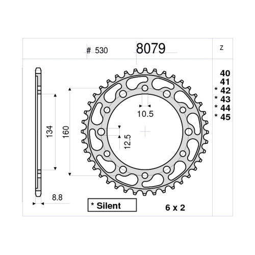 CORONA DA 42 DENTI IN ACCIAIO CEMENTATO PASSO ORIGINALE 530 HONDA CBR 1000 RR