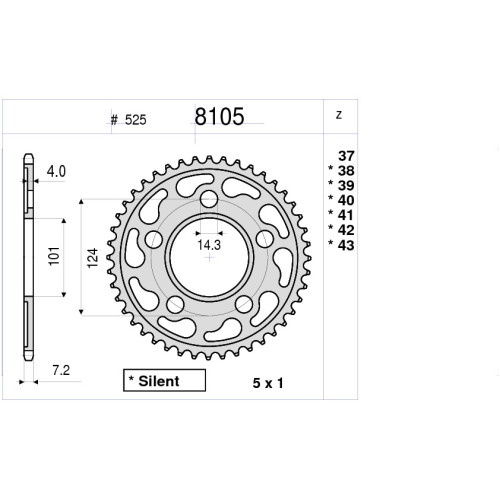 CORONA DA 43 DENTI IN ACCIAIO CEMENTATO PASSO ORIGINALE 525 KTM 950 DUKE (2004) - 950 SUPERMOTO R (05/08) - 990 SUPERDUKE / R (05/2010) - 990 SUPERMOTO / R (07/2010) - 1190 RC8 (08/09)