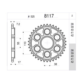 CORONA DA 38 DENTI IN ACCIAIO CEMENTATO PASSO ORIGINALE 525 DUCATI 1198 / 1098 / STREETFIGHTER (2008-2010)