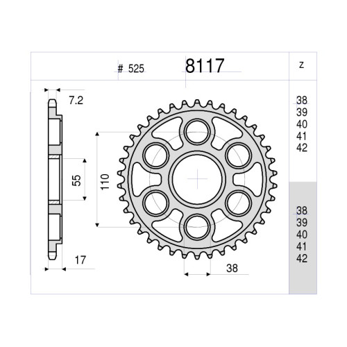 CORONA DA 38 DENTI IN ACCIAIO CEMENTATO PASSO ORIGINALE 525 DUCATI 1198 / 1098 / STREETFIGHTER (2008-2010)