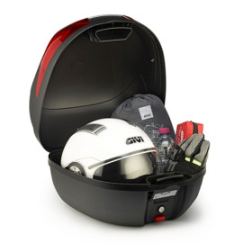 Bauletto nero goffrato con catadiottri rossi. Comprensivo di piastra e kit universale, 29 lt.