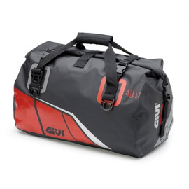 Borsone impermeabile da sella 40 lt base nera con stampe rosso, grigio e argento riflettente.