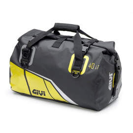 Borsone impermeabile da sella 40 lt, base nera con stampe giallo, grigio e argento riflettente.