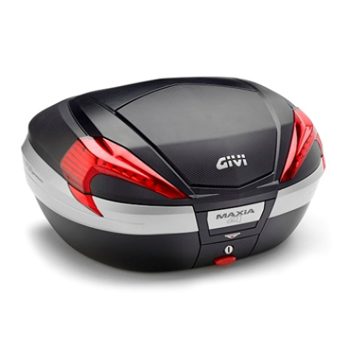 Valigia V56 MAXIA4 con catadiottri rossi, cover nera e inserto carbon look