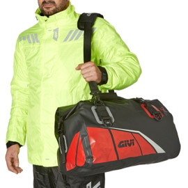 Borsone impermeabile da sella 40 lt base nera con stampe rosso, grigio e argento riflettente.