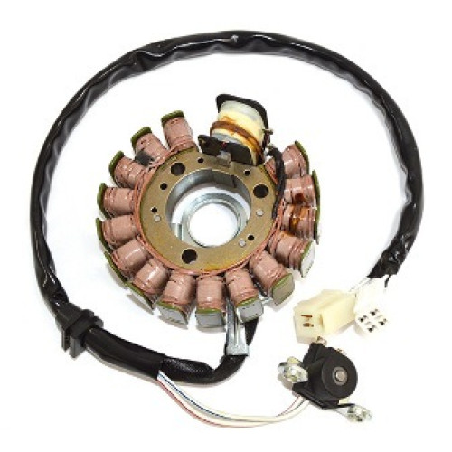 Statore trifase 16 poli - c/bobina alimentazione - c/pick-up a 2 cavi - MOTORE YAMAHA /MINARELLI 125/150/180  4T - per BENELLI VELVET 125/150 (99/07) - ITALJET MILLENIUM 125/150 (00/02) JUPITER 125/150 - MALAGUTI MADISON 125/150 (99/05) F12 MAX 125