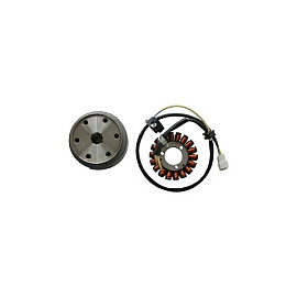 Volano completo kokusan 220W 18 poli trifase diametro 112,2 - cono 21,5 per APRILIA SCARABEO 125/200 LIGHT (07/09) - BENELLI VELVET 400 (solo statore) - MALAGUTI MADISON 400 (solo statore) - MOTORE  APRILIA 125/200 4T CARBURATORE - MOTORE F. MORINI 400