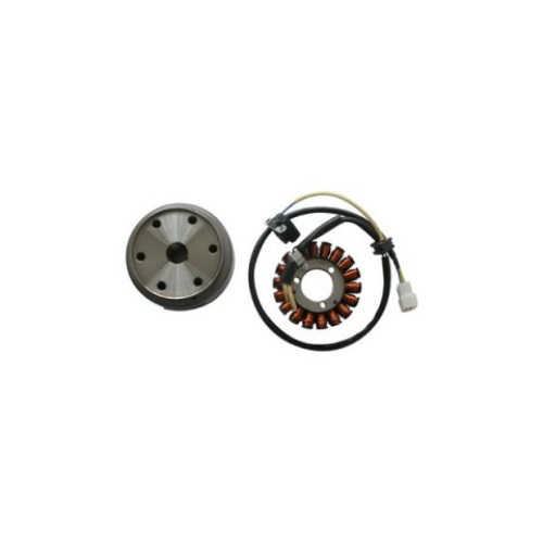 Volano completo kokusan 220W 18 poli trifase diametro 112,2 - cono 21,5 per APRILIA SCARABEO 125/200 LIGHT (07/09) - BENELLI VELVET 400 (solo statore) - MALAGUTI MADISON 400 (solo statore) - MOTORE  APRILIA 125/200 4T CARBURATORE - MOTORE F. MORINI 400